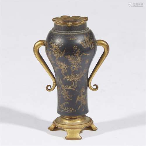 A Chinese patinated, incised and parcel-gilt copper alloy miniature incense tool vase