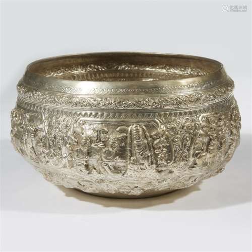 A large Burmese silvered repousse bowl