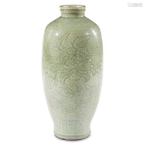 A Chinese incised Longquan celadon tall vase