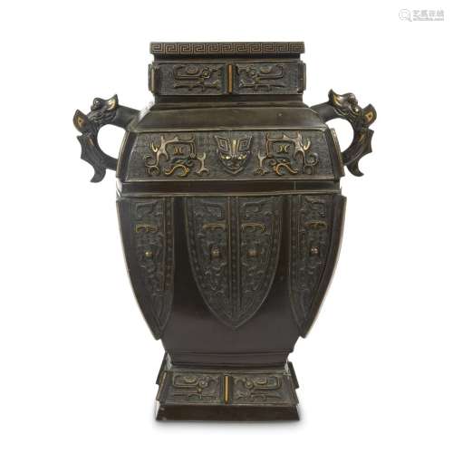 A Chinese archaistic bronze vase, fanggu, with gold and silver inlay