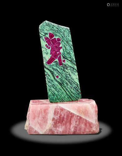 Ruby-in-Zoisite on Rose Quartz Sculpture by Helmut Wolf