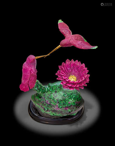 Ruby-in-Zoisite Carving of Hummingbirds and Cactus by Luis Alberto Quispe Aparicio