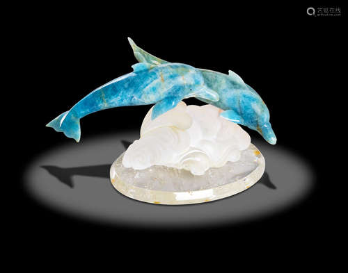 Aquamarine and Rock Crystal Carving of a Pair of Dolphins by Manfred Wild