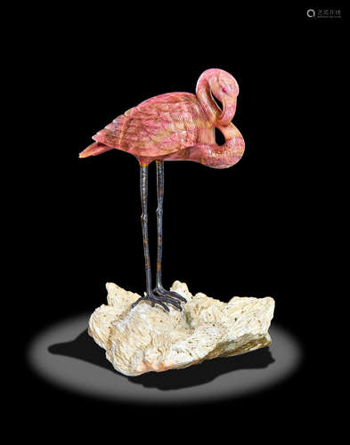 Rhodonite Carving of a Flamingo by Georg O. Wild