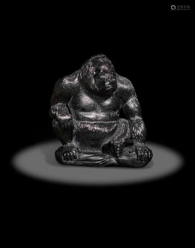 Black Obsidian Carving of a Seated Gorilla by Luis Alberto Quispe Aparicio