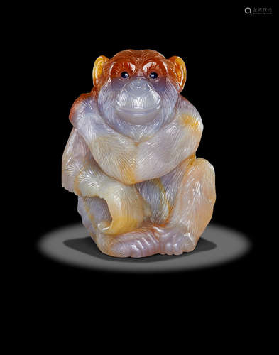 Carved Chalcedony and Jeweled Model of a Chimpanzee