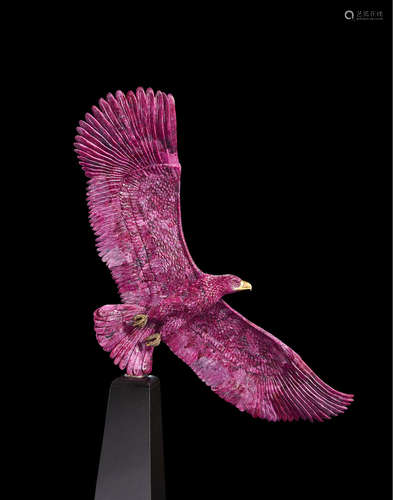 Impressive Ruby, Granite and Gold Eagle Sculpture by Luis Alberto Quispe Aparicio