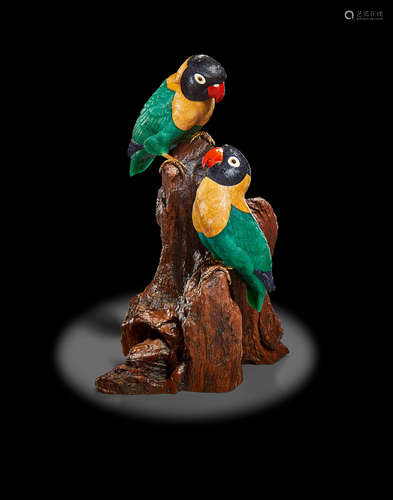 Gemstone Carving of a Pair of Lovebirds by Gerd Dreher