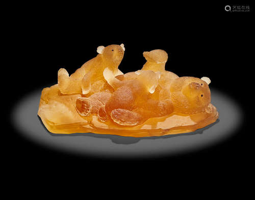 Natural Citrine Carving of a Group of Bears by Gerd Dreher