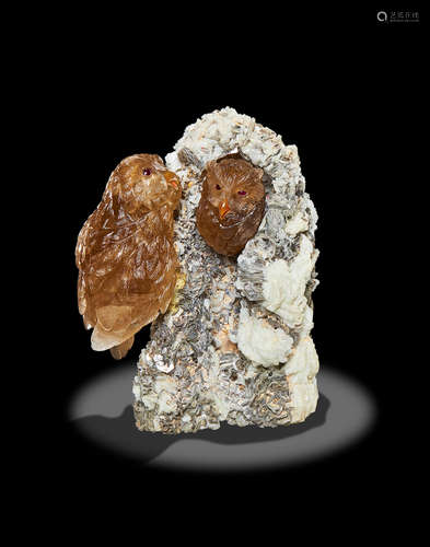 Citrine Quartz Owl Couple Sculpture by Peter Muller