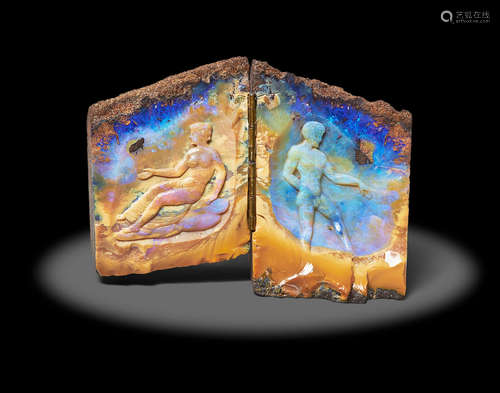 Boulder Opal Cameo Carving Depicting Adam and Eve by Manfred Wild