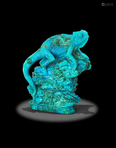 Superb Chrysocolla Carving of a Chameleon by Gerd Dreher