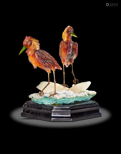 Gemstone Carving of Two Herons by Manfred Wild