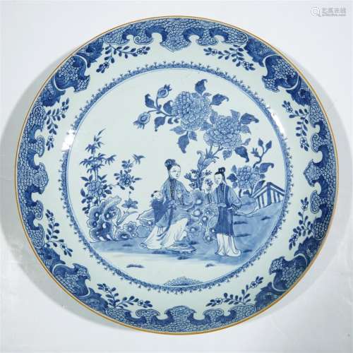 A large Chinese blue and white porcelain figural dished charger