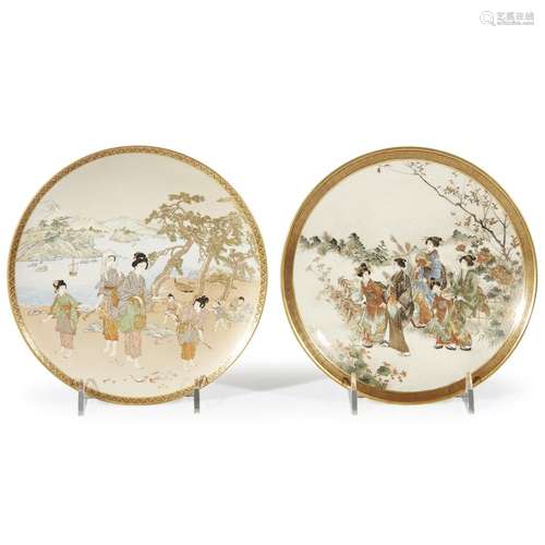 Two Japanese Satsuma-type gilt and enameled pottery dishes with figural scenes