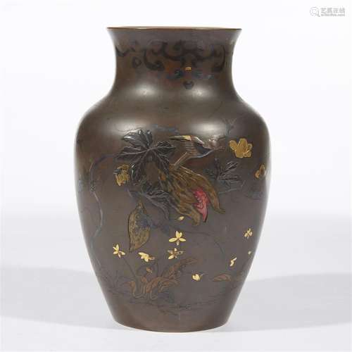 A Japanese mixed metal-inlaid patinated bronze vase