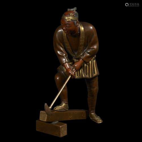 A Japanese patinated and parcel-gilt bronze figure of a woodcutter, in the manner of Miyao