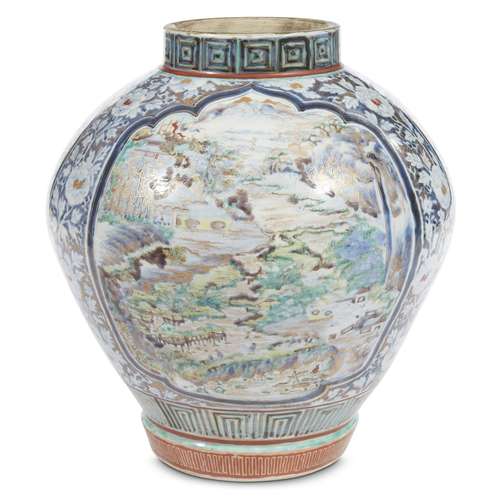 A rare Japanese enameled and gilt blue and white-decorated Arita porcelain jar