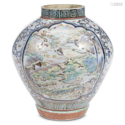 A rare Japanese enameled and gilt blue and white-decorated Arita porcelain jar