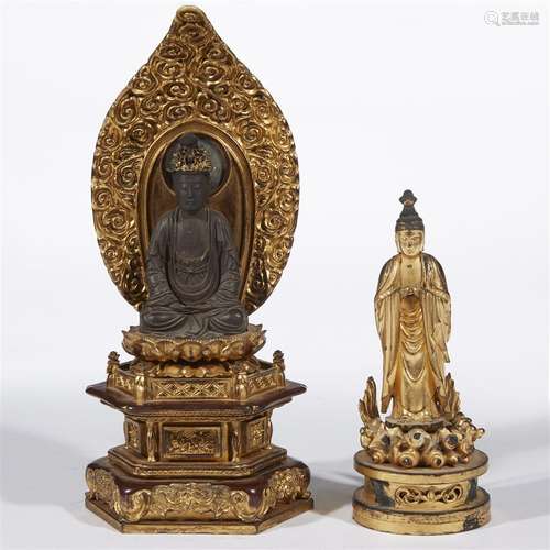 Three Japanese gilt and lacquered wood zushi shrines and two gilt lacquer figures of deities