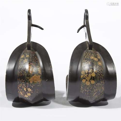 A pair of Japanese gilt-decorated black lacquer stirrups, abumi