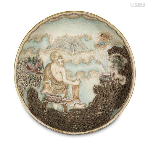 An unusual Japanese Satsuma-type enameled and moriage-decorated pottery bowl