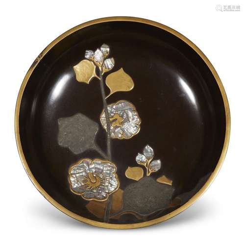 A large Japanese Rimpa style black and gilt lacquer, pewter and mother of pearl-inlaid bowl