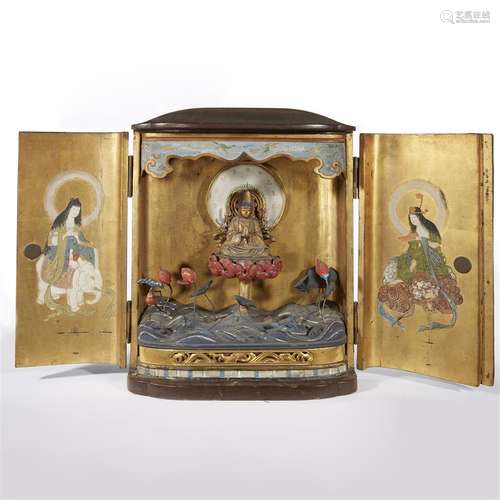 An unusual Japanese gilt lacquer and polychrome shrine, Zushi