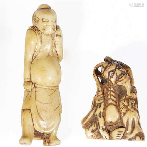 Two Japanese carved stagshorn netsuke