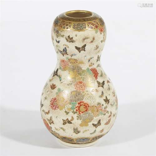 A Japanese Satsuma-type enameled and gilt pottery double-gourd cabinet vase, signed 