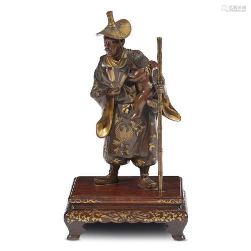 A small Japanese patinated and parcel-gilt bronze figure of a man holding a small boy, Miyao