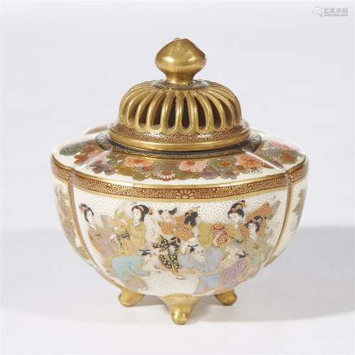 A Japanese Satsuma-type enameled and gilt cage-form basket and a small finely-decorated koro