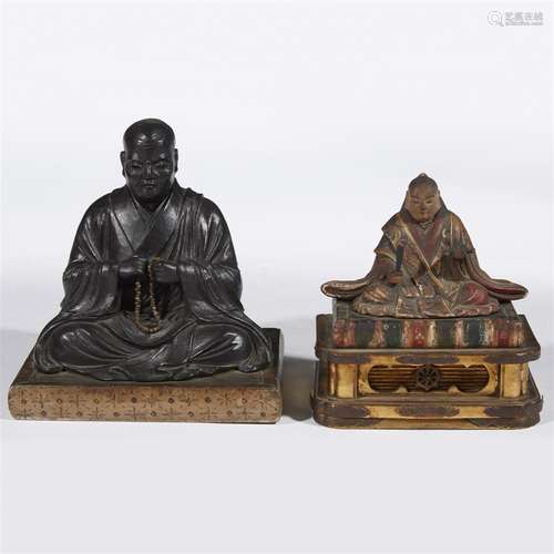 Two Japanese carved wood and lacquered figures of monks