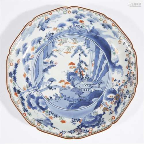 A Japanese enameled and parcel-gilt blue and white porcelain dish