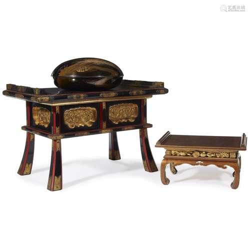 Two Japanese lacquer stands and a round box