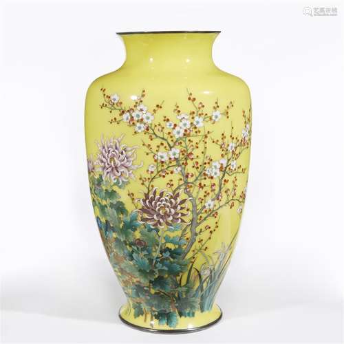 A large Japanese silver-mounted cloisonné yellow ground floral-decorated vase