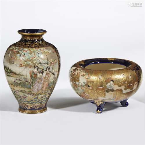 A Japanese Satsuma-type enameled and gilt pottery vase and a bowl