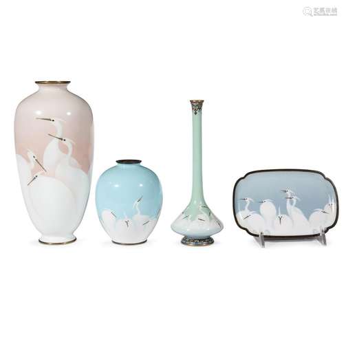 Four Japanese cloisonné items decorated with white egrets