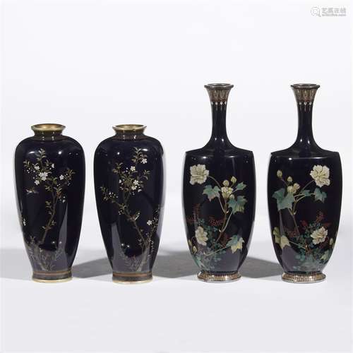 Two pairs of small Japanese cloisonné cabinet vases