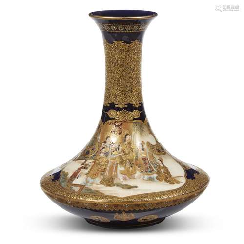 A finely-decorated Japanese Satsuma-type enameled and gilt pottery flared vase; Kinkozan studio