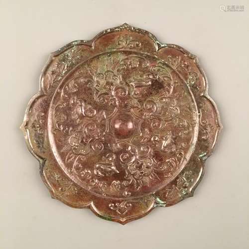 Chinese Bronze Mirror with Curling Grass Pattern