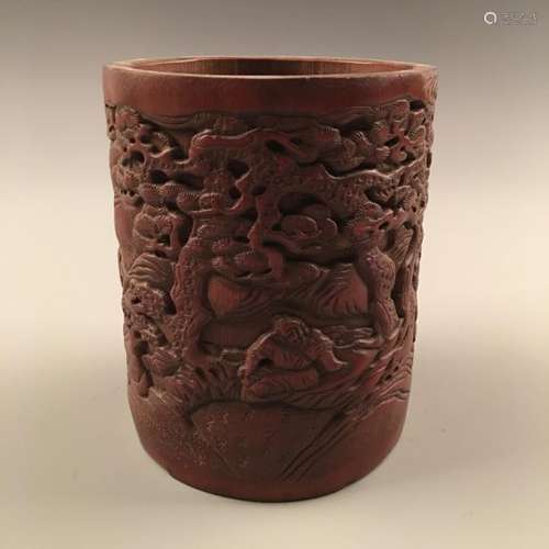 Chinese Bamboo-Made Brush Holder With Carved Figures