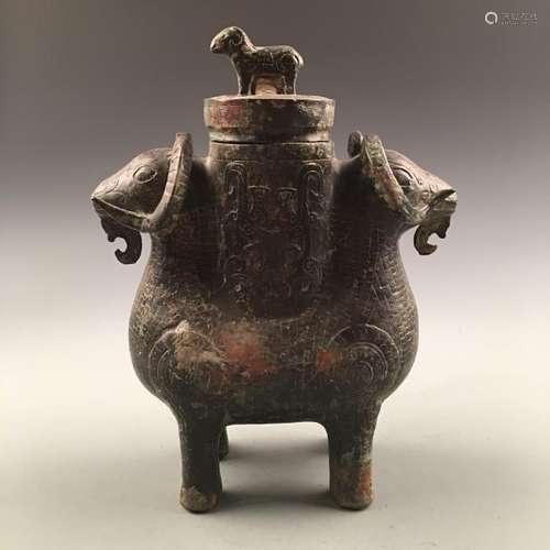 Chinese Bronze Sheep Head Wine Vessel