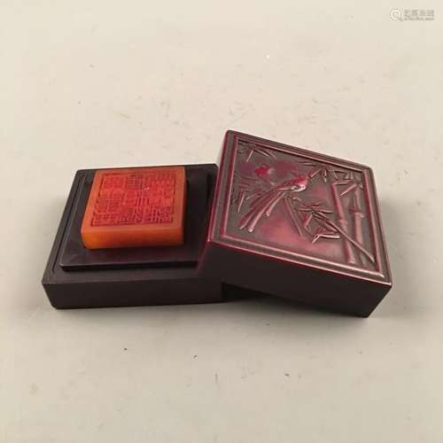 Chinese Tian Huang Stone Seal with Red Wood Box