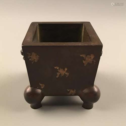 Chinese Bronze Square Censer With Gilt Dots