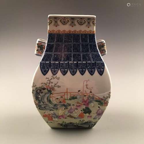 Chinese Famille Rose Square 'Kid' Vase, Qianlong Mark