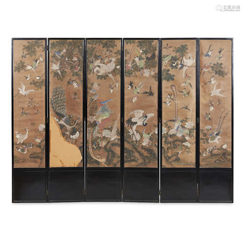 SIX-PANEL PAINTED 'BIRDS AND FLOWERS' SCREEN