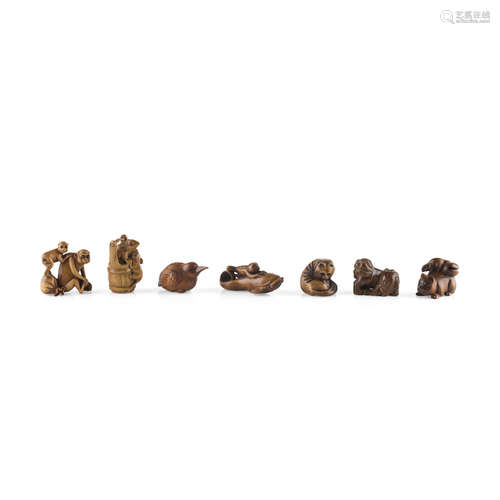 COLLECTION OF SEVEN WOODEN NETSUKE