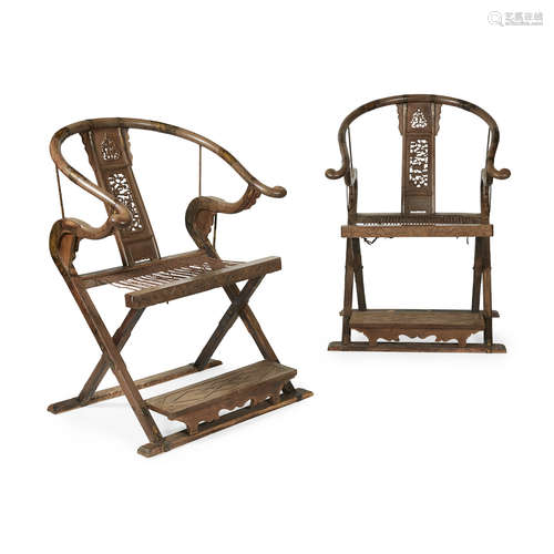 PAIR OF ELM HORSESHOEBACK FOLDING ARMCHAIRS, JIAOYI