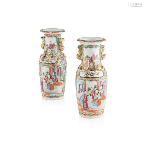 PAIR OF CANTON FAMILLE ROSE VASES